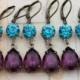 Peacock Wedding Earrings Set of 5 Pairs Purple Bridesmaids Jewelry Gift Teal Amethyst Turquoise - Clip ons avai