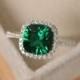 Emerald engagement ring, sterling silver, cushion cut, emerald gemstone ring