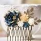 Navy Blue Hair Comb, Navy and Gold Wedding Bridal Hair comb, Rustic Vintage Bridal Hair Piece, bridesmaid Gift, Romantic Wedding Hairpiece
