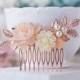 Rose Gold Wedding Bridal Hair Comb Blush Pink Cream White Pearl Rhinestones Leaf Branch Rose Floral Comb Nudes Natural Tones Hair Piece