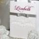 Small Personalized Bridesmaid Gift Bags with white lace, Silver ribbone and Burgundy name - Custom Bridesmaid Bachelorette bags Bridal Party