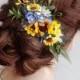 sunflower hair comb, royal blue hair clip, yellow and blue floral comb, floral hair clip, yellow hair flower, sunflower wedding, country