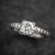 14k Palladium White Gold and Moissanite Four Prong Solitaire with Chevron Band, Cushion Cut Diamond Alternative, Engagement Ring, Handmade