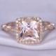 morganite Engagement ring,14k Rose gold,7mm Princess Cut Pink Stone,Antique Art Deco diamond Wedding Band,Morganite ring,Bridal Ring,Promise