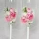 Wedding flutes Glasses with pink roses Toasting champagne glasses Mr and Mrs wedding glasses Engagement flutes Pink toasting glasses