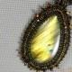 Large stone necklace Labradorites green fire  stone beads entwined beading necklace labradorite old black gold  lined skin pendant big
