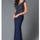 Long Navy Prom Dress With Open Back Lace Sleeveless Bodice by Dave and Johnny - Brand Prom Dresses