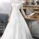 Elegant A-line High Neck 3/4 Length Sleeve Buttons Lace Sweep/Brush Train Tulle Wedding Dresses - Dressesular.com