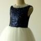 Navy Sequined Flower Girl Dress Birthday Dress Princess Gown with Pearls