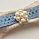 SOLD Cream Blue Barrette Eco Hair Clip Pearl Hair Accessory Vintage Retro Wedding Something Blue Hair Jewelry Bride Hair Comb Pin Linen Clip