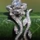 Platinum - BLOOMING Work Of Art - Flower Leaf Rose Lotus Diamond Engagement Wedding Ring Set - No Milgrain - brides - fL07 - Patented design