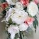Teardrop, cascade bridal bouquet, wedding flowers, artificial wedding bouquet.  Roses, lissianthus, peonies, eucalyptus foliage.