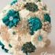 Brooch Bouquet. Ivory Turquoise Fabric Bouquet, Unique Wedding Bridal Bouquet