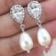 Carolyn - Cubic Zirconia Teardrop earrings, Swarovski teardrop pearl earrings, Wedding Bridal Brides Bridesmaids Earrings Jewelry, silver