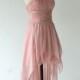 Pink High Low Prom Dress Evening Gown Crystal Beaded Pleats Chiffon Strapless