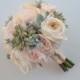 Peach Pink and Ivory Peony and Garden Rose Wedding Bouquet with Succulents and Dusty Miller