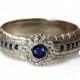 Blue Sapphires engagement Ring, 14k white gold diamonds and sapphires ring, halo diamond ring, engarved jerusalem wall ring, white gold ring