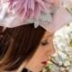 Lilac pink floral organza fascinator hat headpiece with silver lace accents for summer weddings and special occasions