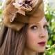 Bronze camel organza floral fall fascinator hat headpiece with bronze lace, and violet accents for weddings