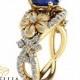Unique Blue Sapphire Engagement Ring 14K Yellow Gold Flower Ring Natural Sapphire Engagement Ring
