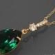Emerald Crystal Gold Necklace Green Teardrop CZ Necklace Swarovski Emerald Rhinestone Necklace Wedding Bridal Dark Green Gold CZ Jewelry - $28.00 USD