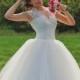 Vintage Inspired Light-As-Air Wedding Dress with Chantelle Lace Corset, V Cutout, Tulle Skirt, Off Shoulder Small Sleeve, Lace Closed Back