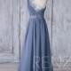 2017 Steel Blue Chiffon Bridesmaid Dress with Lace, One Shoulder Ruched Bodice Wedding Dress, A Line Ball Gown Full Length (H437)