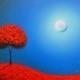 Blue Night Landscape, Red Tree Art Print, Photo Print of Red and Blue Landscape with Moon, Contemporary Art, Abstract Art Tree at Night