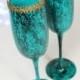 Green Wedding toasting flutes-Malachite Hand Painted Wedding Glasses-Wedding Flutes-Gold&Green Wedding-Green Glasses-Engagement Wedding gift