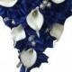 Cascade Bouquet - Royal Blue Roses and Real Touch Calla Lily with Silver Accents