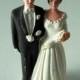 Small Pfeil & Holding, Inc. Caucasian Brunette Bride and Groom in Black Tuxedo Chalkware Vintage Cake Topper