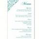 Wedding Menu Template DIY Menu Card Template Editable Text Word File Instant Download Blue Menu Teal Menu Floral Menu Printable Menu 4x7inch - $6.90 USD
