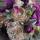 Burlap Wedding bouquet with purple lilly and peony flowers and lots of rhinestone pearl and crystal bling with vine stem-packages available
