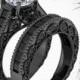 Jack Skellington Inspired White  & Black Swarovski Accents on Black Rhodium or Black Gold Bridal Engagement Ring Set