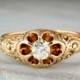 1880s Men's or Women's Victorian/Rococo .50ct Old Mine Cut Diamond and Rose - Yellow Gold Belcher Engagement Ring with Hand Engraving J23
