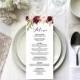 Printable Rose Wedding Menu Template -  Custom Wedding Menu, Editable Menu Rustic Wedding Menu, Burgundy Rose Wedding, Instant Download PDF
