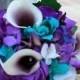 Purple turquise small hydrangea bouquet, hydrangea, picasso callas, galaxy orchids, purple blue orchids