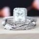 3Ring Set Moissanite 6*8mm Radiant Cut Moissanite Engagement Ring Art Deco  Full Eternity Pave Diamonds Band 14K White Gold Ring