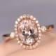 Oval 6x8mm Morganite ring,diamond engagement ring,solid 14k Rose gold band,Pink gemstone,bridal,halo promise ring