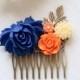 Orange and Cobalt Blue Wedding Hair Comb, Cobalt Blue Orange Ivory Wedding Bridal Hair Comb, Bridesmaid Hair Comb