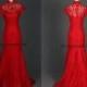 Stunning long rec lace prom dresses hot,Chinese collar wedding gowns in custom colors,affordable elegant women dress for evening party.