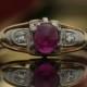 Vintage 1950s 2-tone 14k Ruby Cabachon Engagement ring with Diamonds, ATL #294