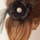 BLACK BIRDCAGE Veil,Tulle with Black Flower and Rhinestone Brooch.Black Veil Fascinator.