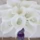 Silk Flower Wedding Bouquet - Calla Lilies Off White Natural Touch with Crystals Purple Accent Silk Bridal Bouquet