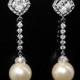 Pearl Cubic Zirconia Bridal Earrings Swarovski 10mm Cream Ivory Pearl Earrings Wedding Pearl Silver CZ Dangle Earrings Prom Pearl Earrings - $32.90 USD