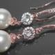 Pearl Bridal Earrings White Pearl Rose Gold Wedding Earrings Swarovski 10mm Pearl Drop CZ Earrings Pearl Dangle Earrings Bridesmaids Jewelry - $32.90 USD
