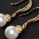 White Pearl Bridal Earrings Pearl Drop Vermeil Gold Cz Earrings Swarovski 8mm White Pearl Earrings Small Pearl Earrings Weddings Bridesmaids - $24.90 USD