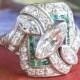 Art Deco Vintage 1930's Marquise Diamond Emerald Cocktail Anniversary Engagement Platinum Ring