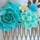 Turquoise Blue Wedding Bridal Hair Comb,  Blue and Ivory Flowers Brass Leaf Filigree Collage Hair Comb, Bridal Wedding Hair accessory