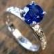 Blue Ceylon Sapphire Engagement Ring in 14K White Gold with Diamonds as Accent Stones in Scrolls Size 5